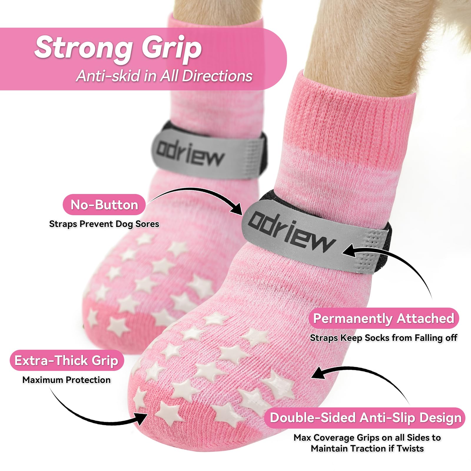 ODRIEW Non Slip Dog Socks to Prevent Licking Paws, Double Sided Grips, Dog Socks for Hardwood Floors Anti Slip, 6Pcs with Elasti